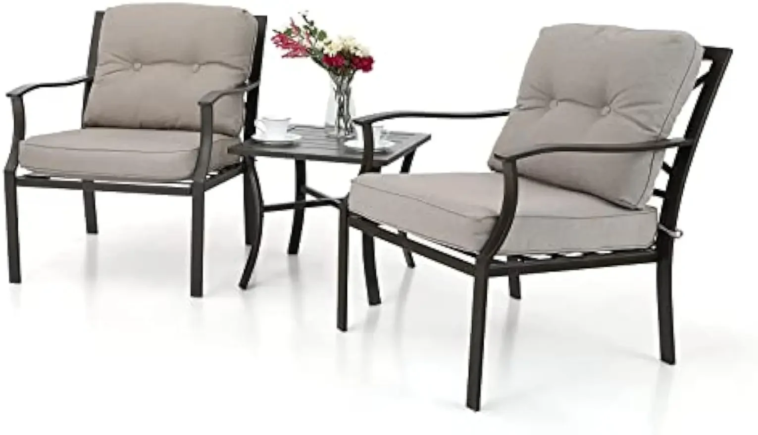 

Patio Conversation Sets 3 Piece Outdoor Bistro Set, 2 Steel Patio Chairs with Padded Cushions & 1 Coffee Side Metal Table