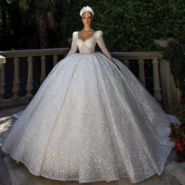 Sparkly Dubai Ball Gown Wedding Dresses For Woman 2024 Sweetheart Long Sleeve Luxury Sequin Bridal Dress Arabic Vestido De Noiva AliExpress