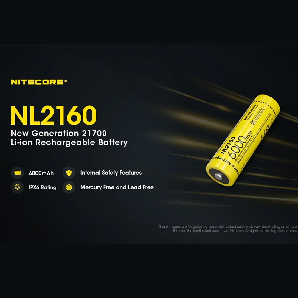 Original NITECORE NL2160 6000mAh 8A 3.6V 21.6Wh 21700 Protected Li-ion ButtonTop Rechargeable Battery IPX6 Rating Outdoor 1Piece