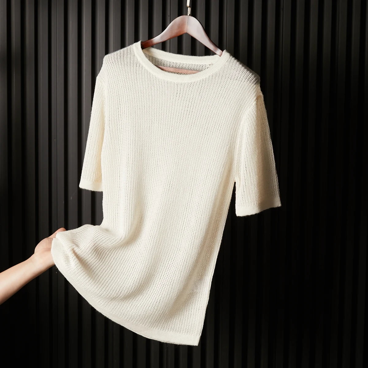 

Мужская футболка премиум-класса с круглым вырезом и коротким рукавом, из льняной смеси лиоцелла, ажурная, вязаная, летняя, новая модная модель в городском стиле