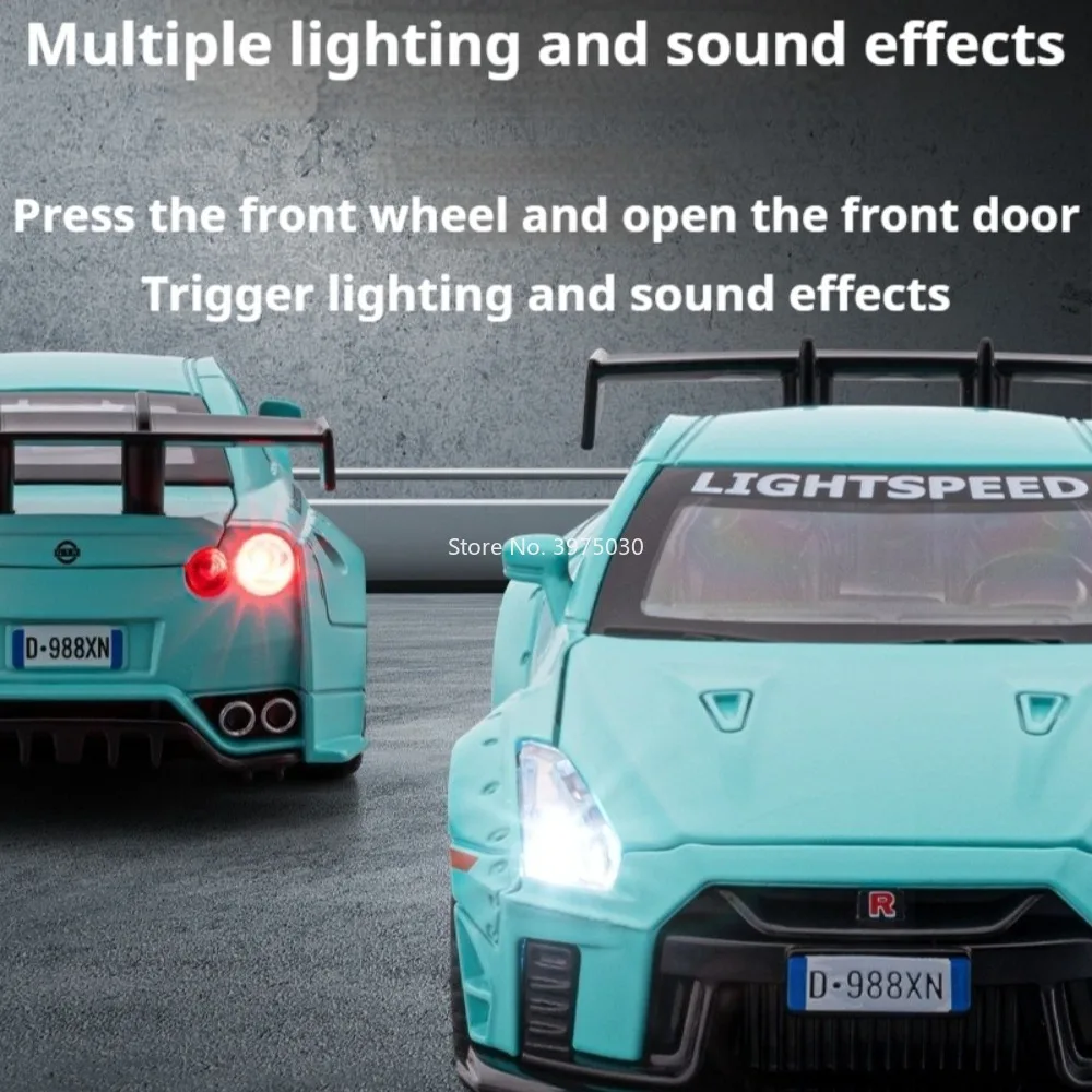 1:32 Nissan GTR-modellen Auto's Speelgoed Legering Diecast met lichte muziek Miniatuur sportwagen Terugtrekvoertuigen voor kinderen Educatie