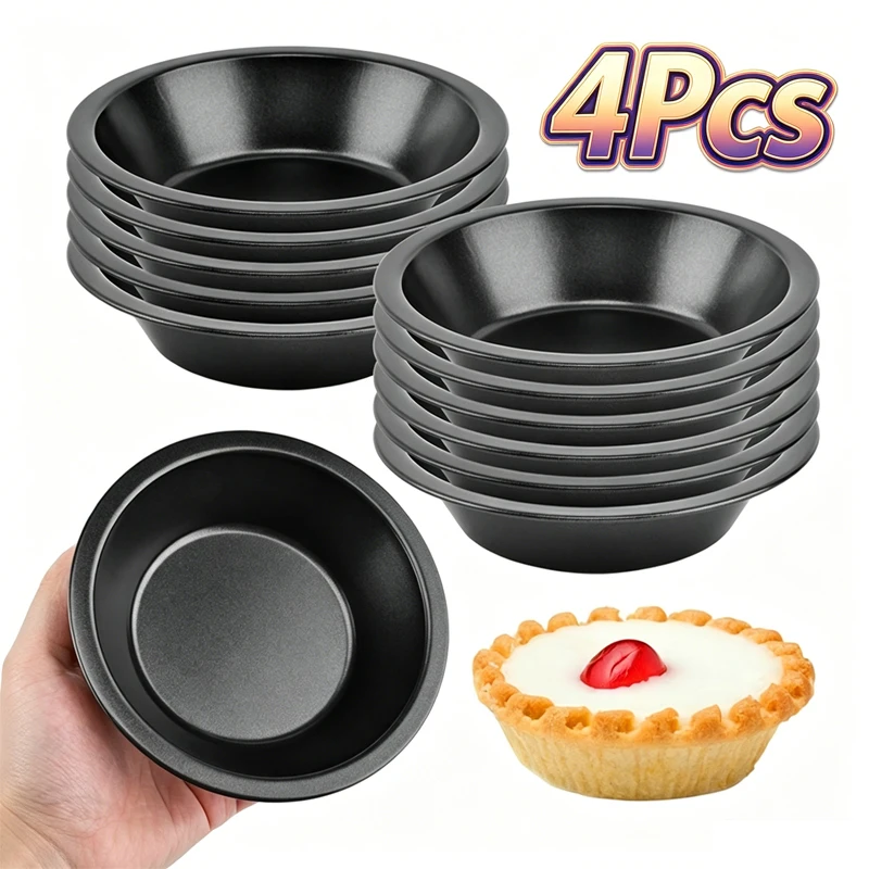 Juego de 4 moldes redondos de acero al carbono para tartas, 5 pulgadas, antiadherentes, para tartas, pasteles, pizzas, moldes para hornear, bandeja para tartas de huevo