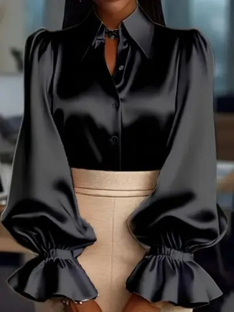 

Women Long-sleeved Button Shirt Summer Lapel Neck Cardigan Office Work Blouses Elegant Chic Tunics Tops Y2k Korean Trendy Blusas