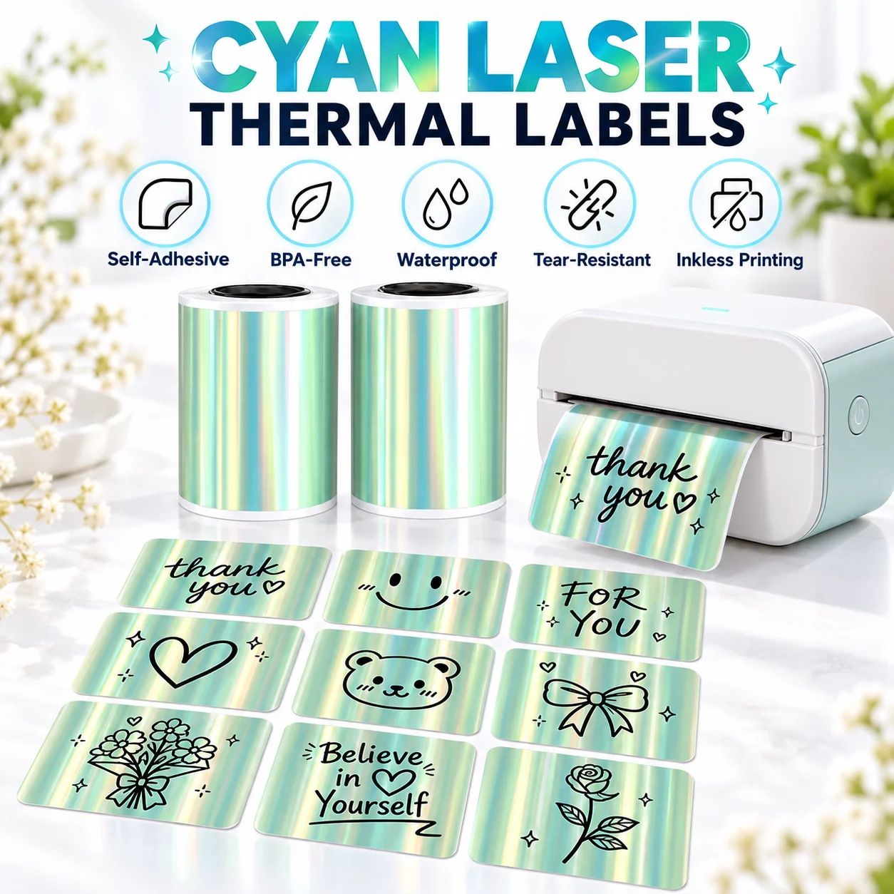Cyan Laser Thermal Label Sticker Roll Waterproof Tear Resistant Self Adhesive Compatible for Mini Printer Storage Tag