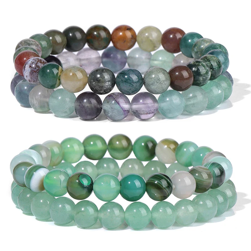 2pcs/set Green Agates Bracelet Natural Stone Fluorite Aventurine Beads Bracelets Bnagles for Women Men Fashion Jewelry Gift