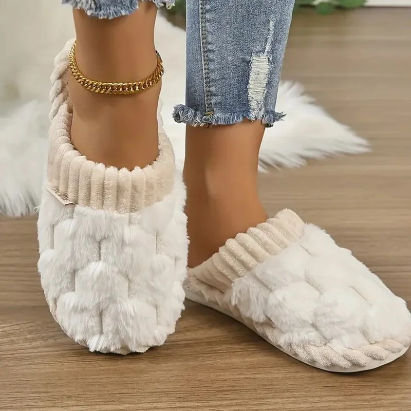 Colorblock Faux Fur Slippers, Casual Slip On Plush Lined Shoes, Comfortable Indoor Home Slippers