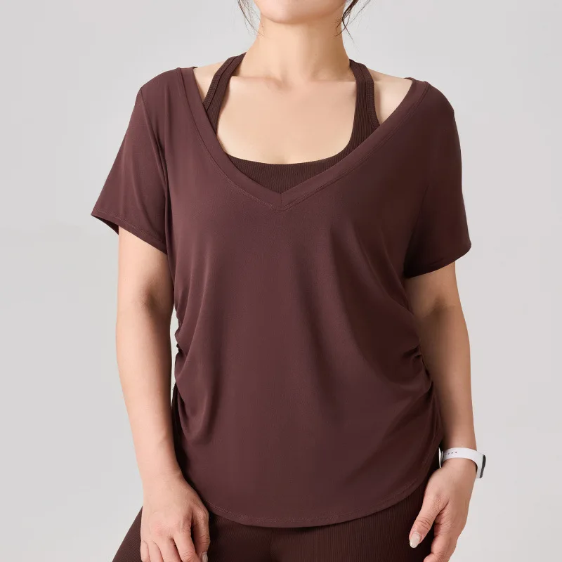 

Plus Size Yoga T-shirt, Outer Blouse, Breathable and Skin-friendly, Short-sleeved Waist-closed and Thin Yoga Clothes, Stacked Wi