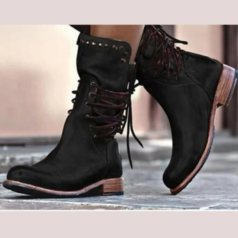 Women's Retro Ankle Boots 2026 New Fashion Riveted Pu Leather Shoes Lace-up Platform Motorcycle Ankle Boots Big Size 35-43 Mujer