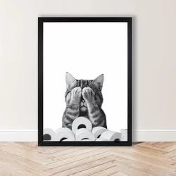 Cute Animal Toilet Living Room Murals Wall Art Poster  Humour Pet Cat Peek-a-Boo Canvas Painting Funny Bathroom Home Decoration