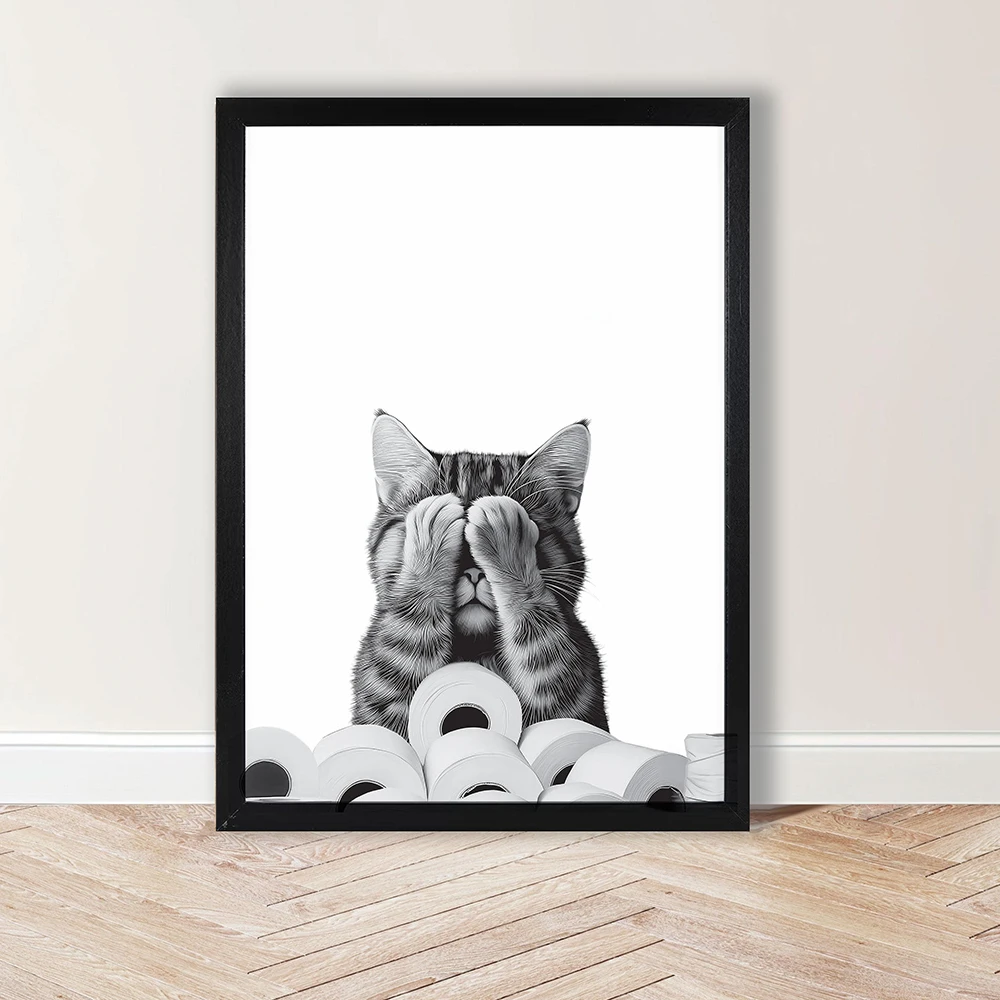 Cute Animal Toilet Living Room Murals Wall Art Poster  Humour Pet Cat Peek-a-Boo Canvas Painting Funny Bathroom Home Decoration