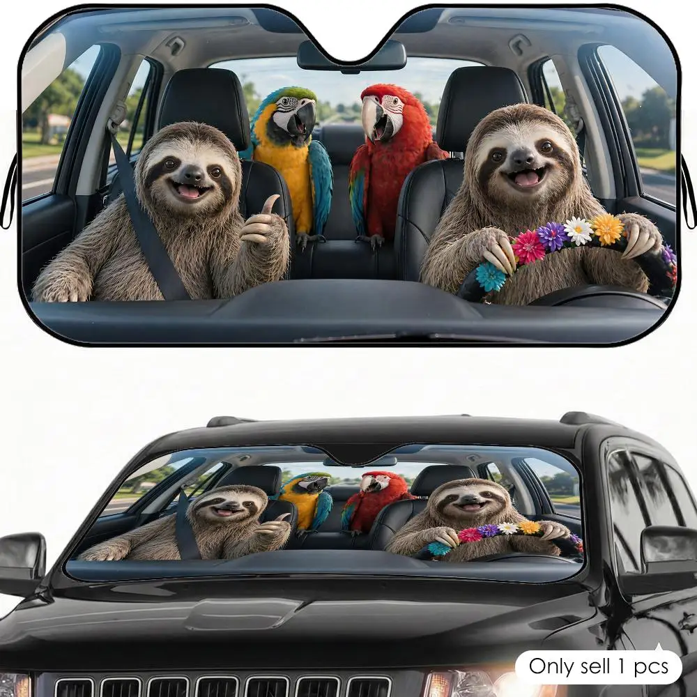 Funny Sloth and Parrot Sun Visor Car Windshield Sunshade UV Protection Reflective Foldable Heat Insulation Cover