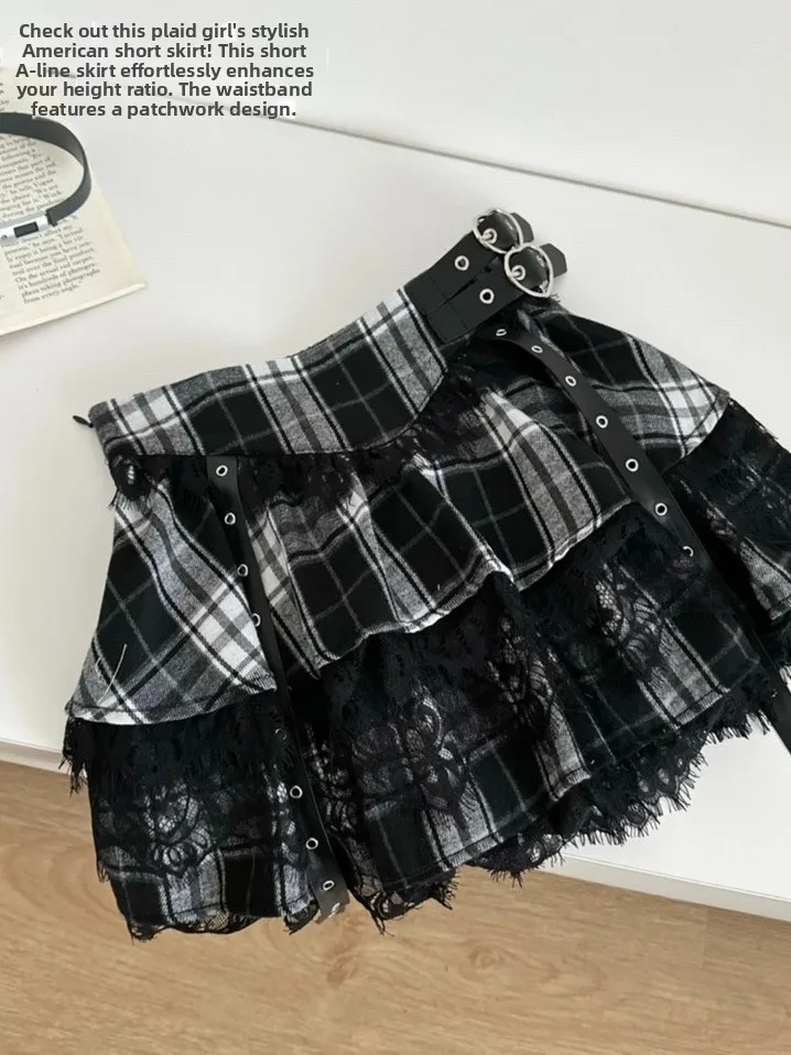 

k Sle Women's High Waist Puffy Plaid Skirt Lace Splicing Irregular Design French Sle Casual Polyester Fibre