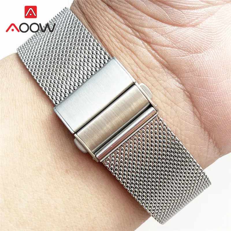 Pulseira de aço inoxidável Milanese Loop para homens e mulheres, pulseira de fivela dobrável, pulseira de metal, acessórios de relógio 16mm, 18mm,