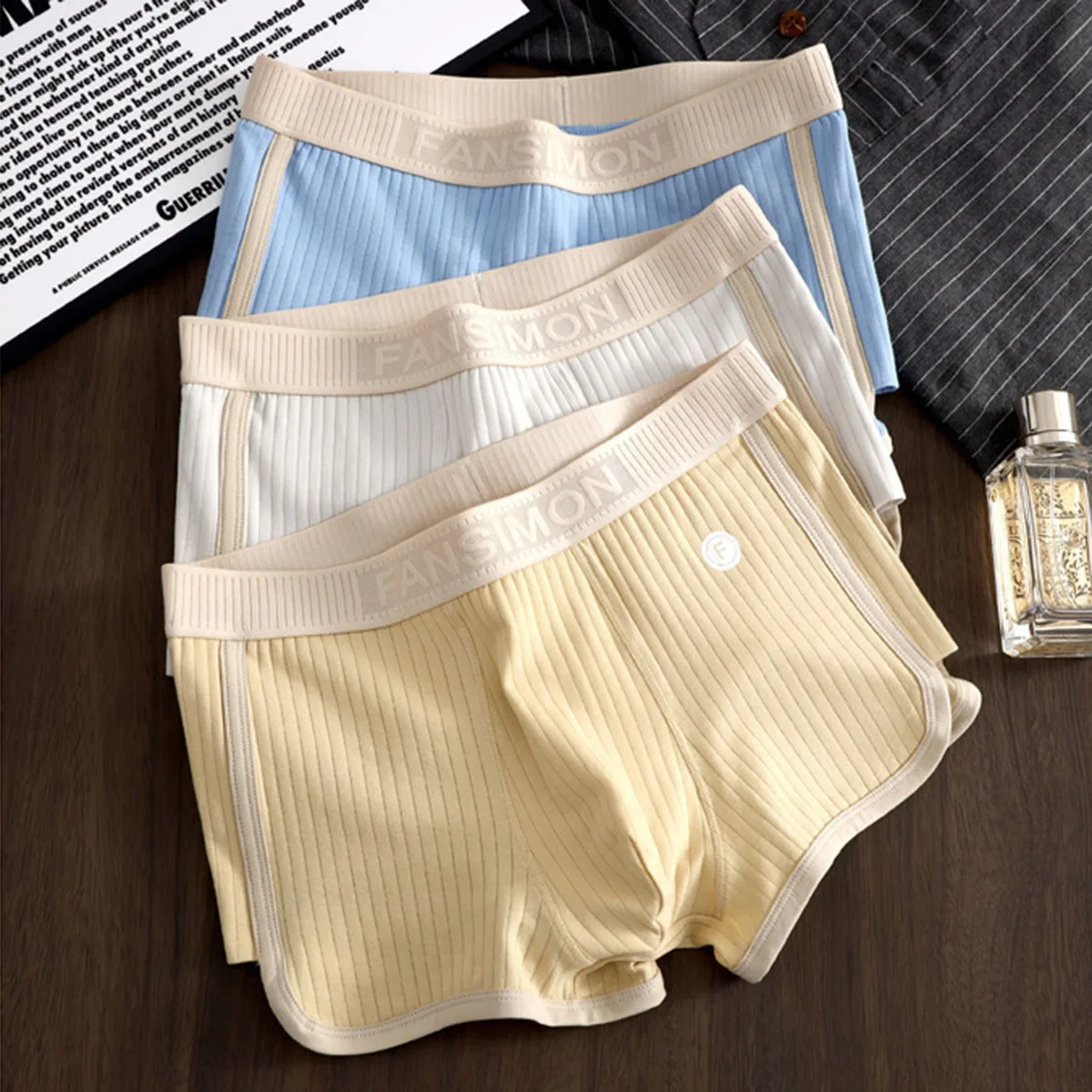 3Pcs/Pack Cotton Solid Striped Men's Boxer Sexy Breathable Mesh Crotch Underwear High Elastic Widen Waistband Underpants