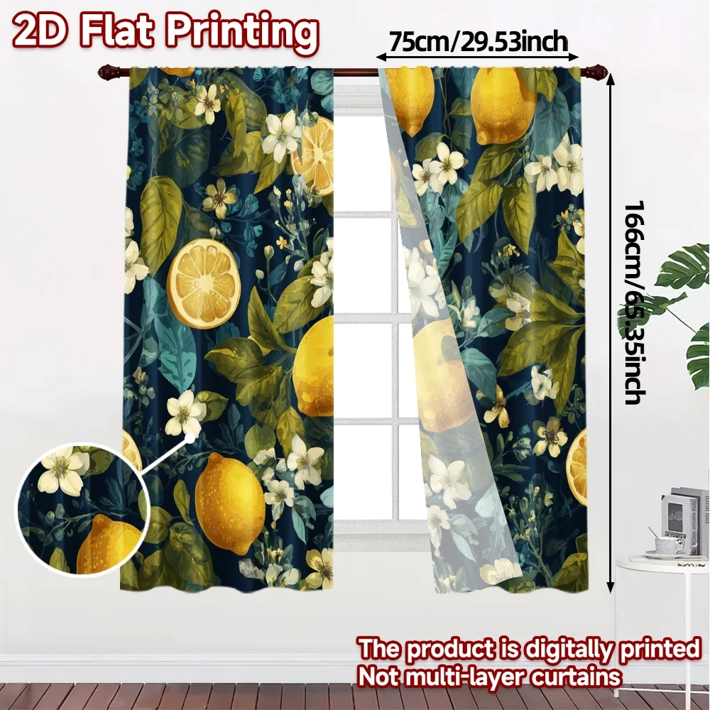 2pcs, 2D FLAT PRINTING Curtains (Without Rod) Lemon Blossoms Creative Modern Curtains Versatile Polyester Curtains Decorations