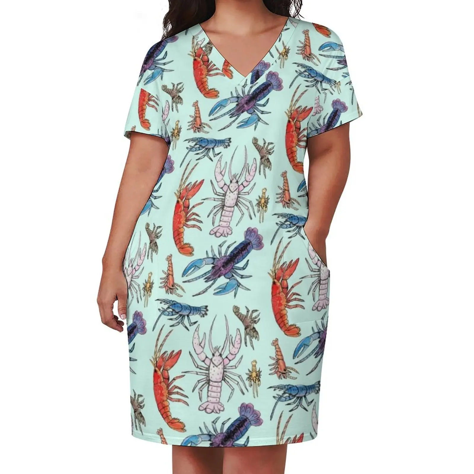 Colorful Aquatic Crayfish Species in Watercolor Loose Pocket Dress women