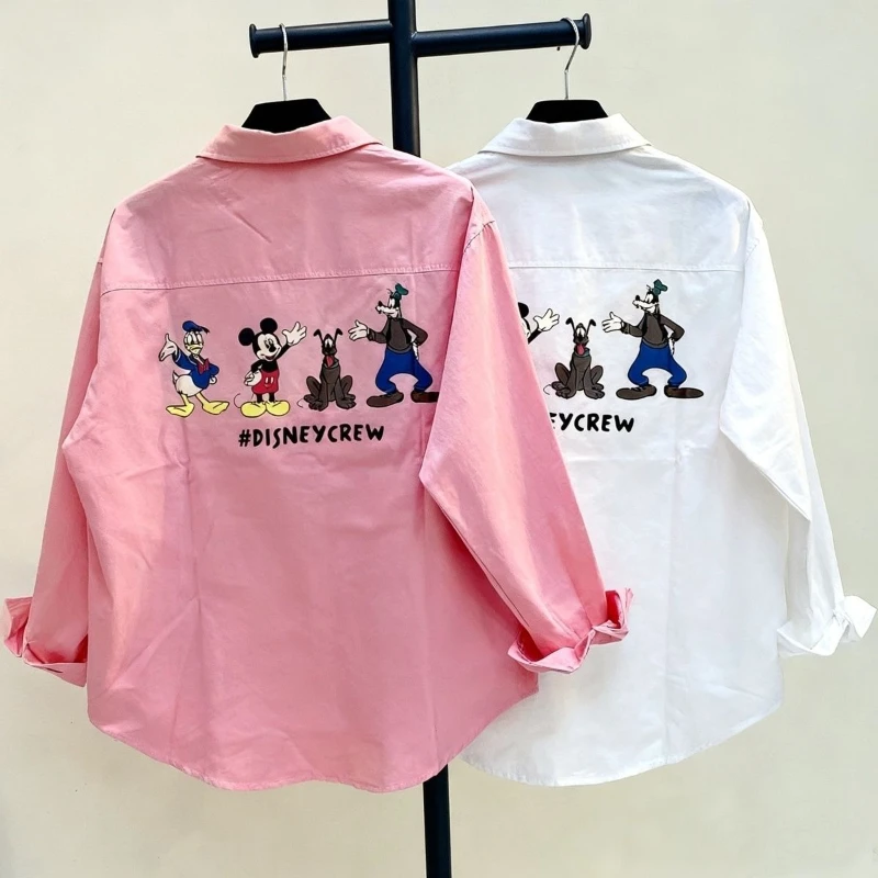Chemise à imprimé Mickey pour femmes - Nouvelle chemise à manches longues décontractée ample pour le printemps et l'automne, haut polyvalent anti-âge