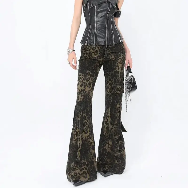 

Flared Overalls Leopard Print American Hot Girl Design Washed Large Size High Waist Slimming Niche Personality Trousers