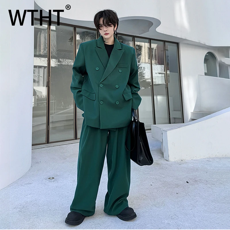 

WTHT модный мужской костюм, двубортный подплечник, пиджак, пальто, прямые брюки с высокой талией, мужской комплект, осень 2021, 2A1576