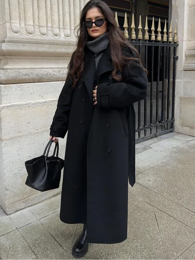 Women Oversize Loose Double Button Lapel Overcoat Fashion Black Woolen Long Coat With Belt Autumn New Street Female Outerwear