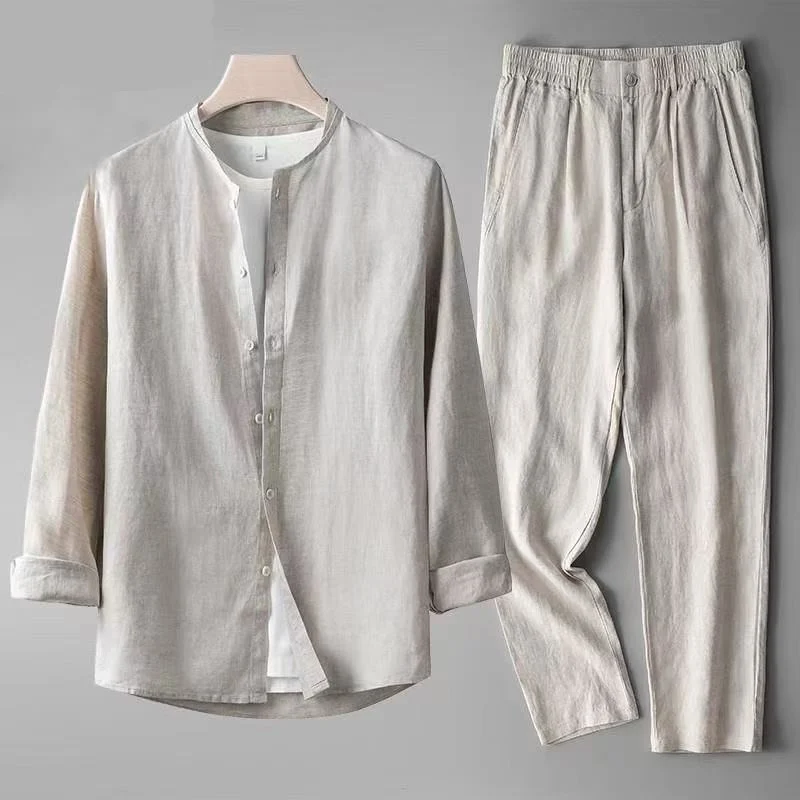 Conjunto de Camisa y Pantalón para Hombre, Primavera-Verano 2026, Camisas Casuales de Algodón y Lino, Trajes Deportivos