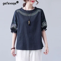 Retro Ethnic Style Embroidery Ruffle Chic Cotton Linen Ladies Tops Blouses Summer Round Neck Loose Half Sleeve Shirts for Women