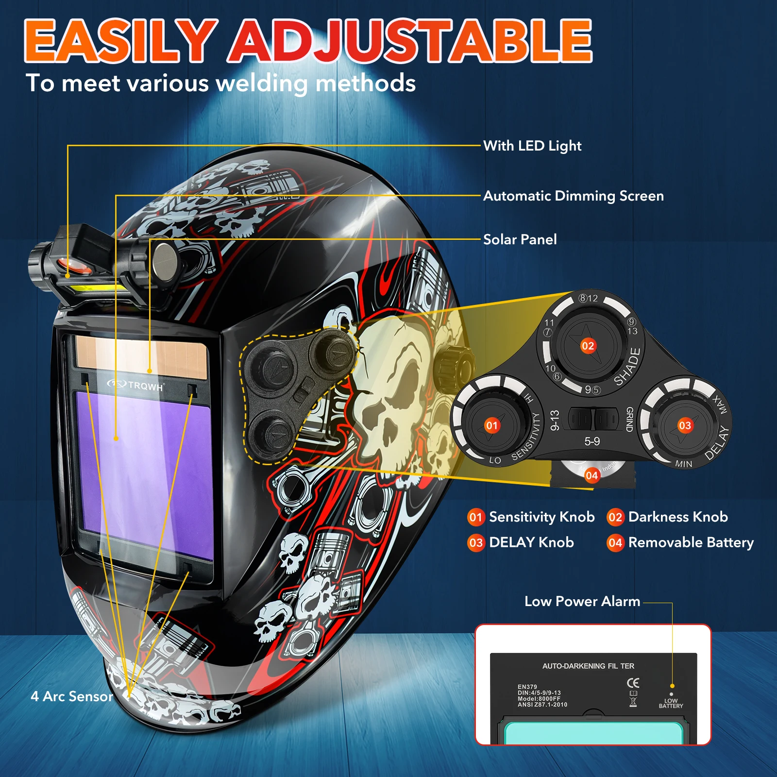 Welding Helmet Auto Darkening with LED Light Solar Powered True Color 4 Arc Sensor Wide Shade 4/5-9/9-13 with Grinding