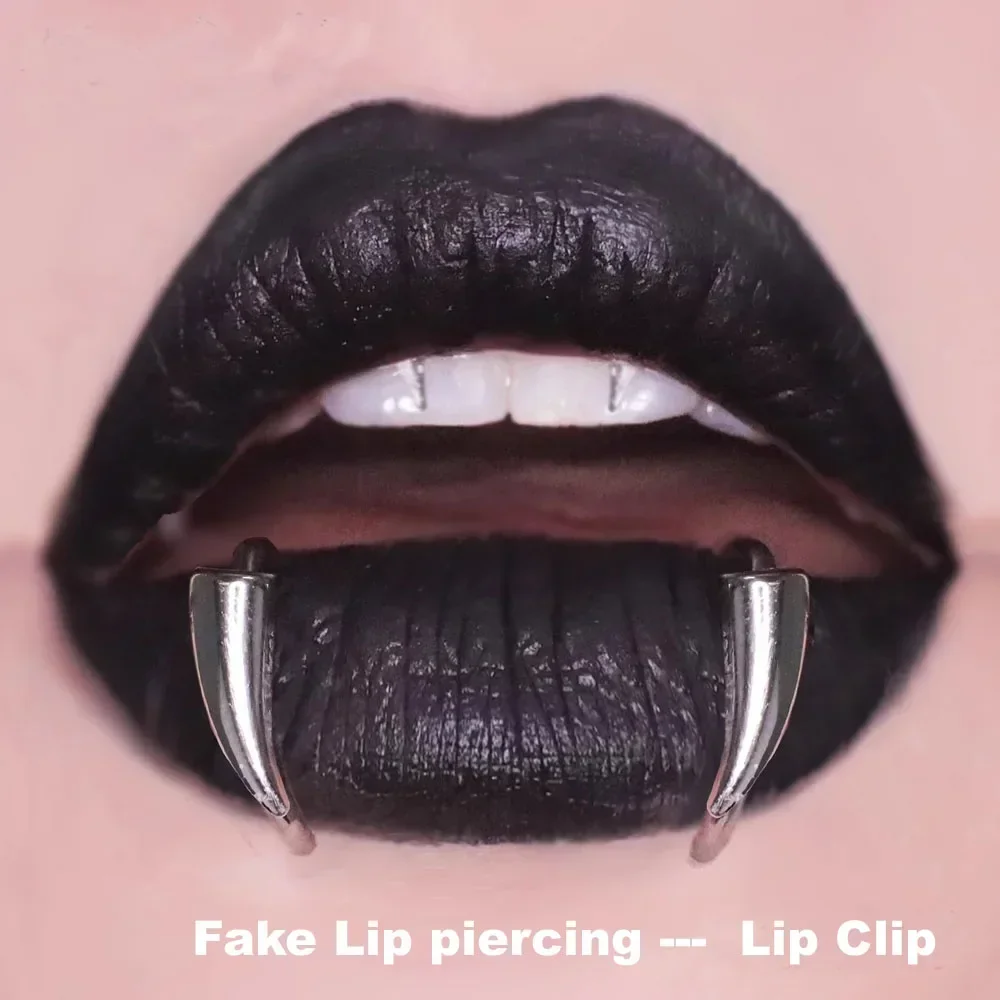 2PCS  Customized Stainless Steel Fangs Fake Lip Piercing  Lip Clip  Goth Cosplay Vampire Teeth  Body Jewelry