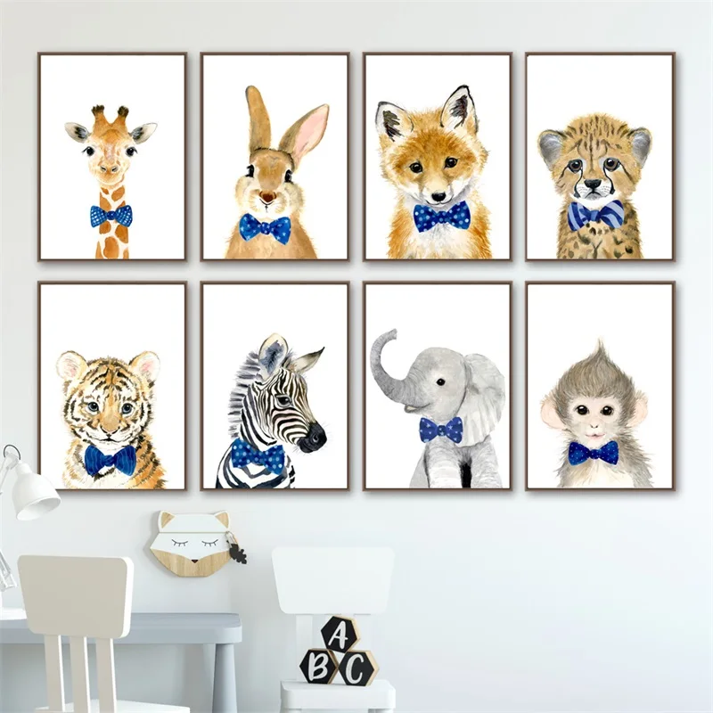 

Cute Cartoon Tie Giraffes White Rabbits Monkeys Elephants Canvas Poster Wall Nordic Children's Room Nursery Home Decor Paintings