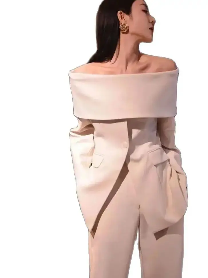 Blazers Off-The-Shoulder Slash Neck Chic Sexy For Women Off Long Sleeve Patchwork Single Button Solid Coat Female Clothes 2024
