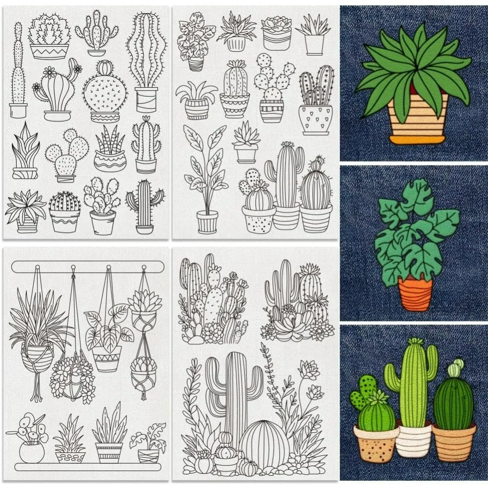 30 Uds. Estabilizadores de patrones de bordado de Cactus bonsái 8,3 "x 11,7" pegatinas de bordado de puntadas y palo Soluble en agua de cactus en maceta