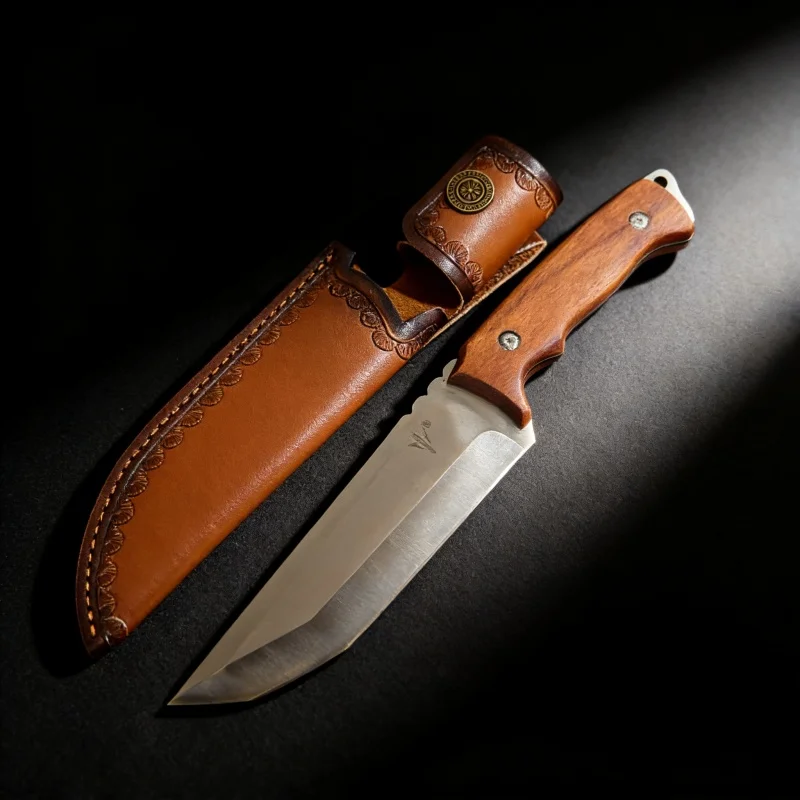 

Нож ручной работы с прямым лезвием и рукоятью из палисандра, портативный коллекционный нож с ножнами из натуральной кожи для кемпинга на природе