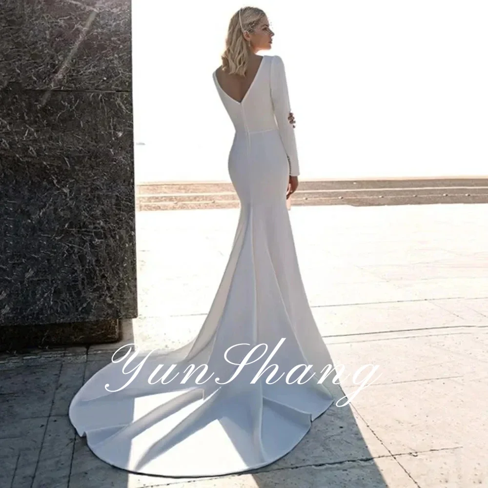 Yunshang Elegant Mermaid Wedding Dress Women Long Sleeve V-Neck Open Back Crepe Bridal Gown Train Vestidos De Novia Customized