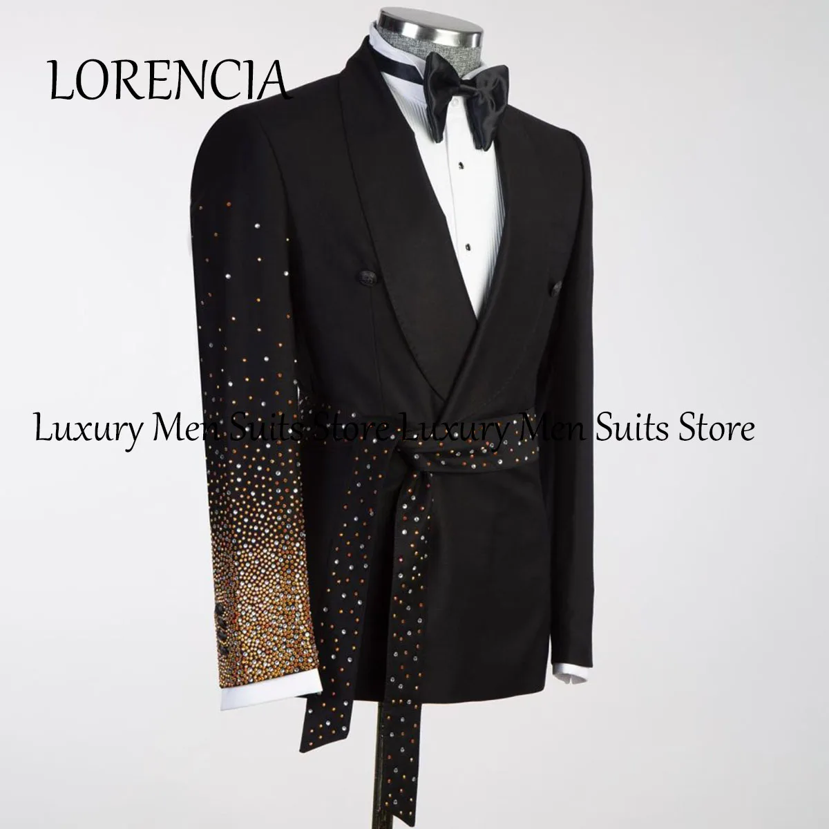 Customized Men Shawl Lapel Belt Rhinestone Embellished Suits Groom Wedding Tuxedos 3 Pieces Sets Male Prom Blazers Costume Homme