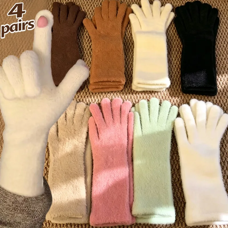 Sweet Mink Wool Long Gloves Women Winter Thicken Knitted Warm Short Fluffy Plush Mittens Protective Arm Anti-cold Outdoor Gloves