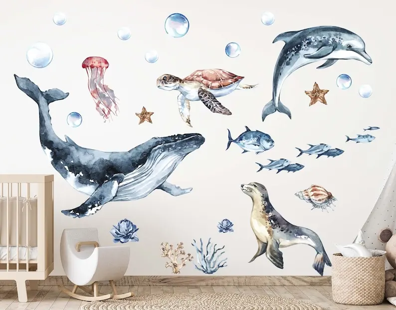 Sea World Ocean wall decal Set for kids room or underwater nursery! These peel and stick ocean wall decals include, whale, turtl