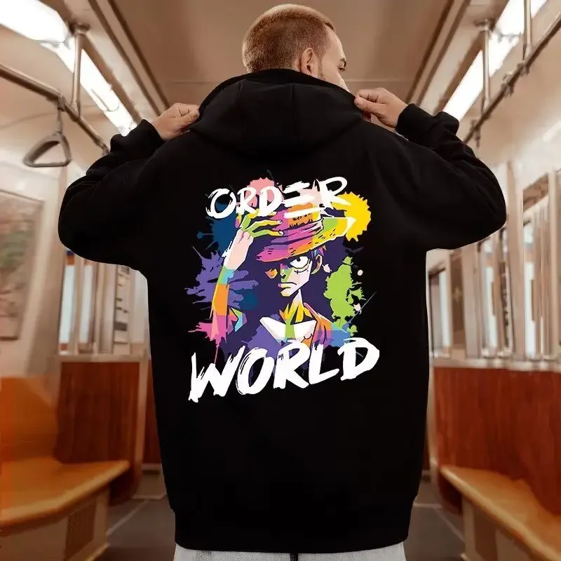 

Fleece Hooded Sweater Loose Large Size Men's and Women ONE PIECE Pullover Jacket Luffy Autumn and Winter New Japanese Animation