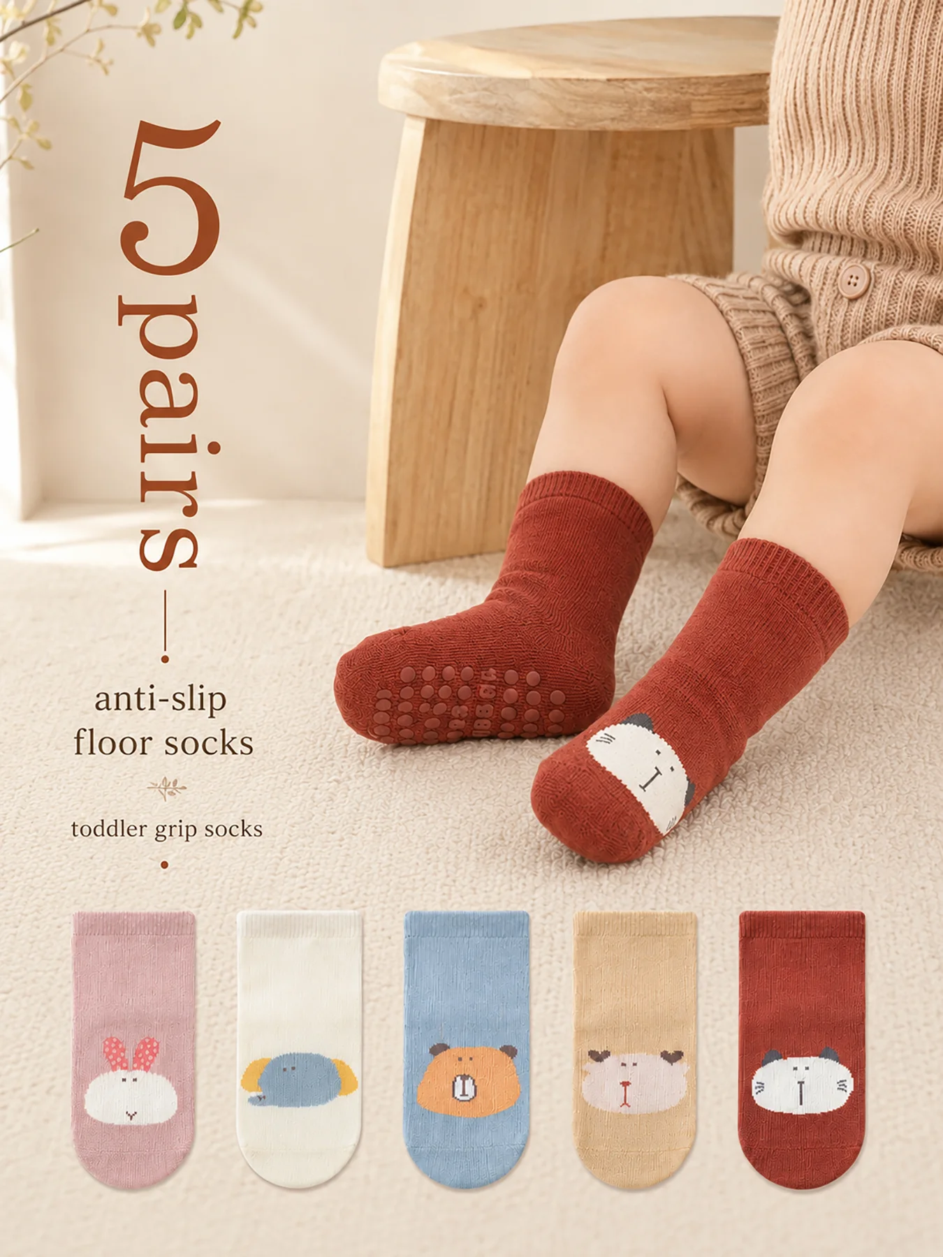 Unisex Baby Socks Non Slip - 5 Pasang Kaus Kaki Anti-Selip Bergambar
