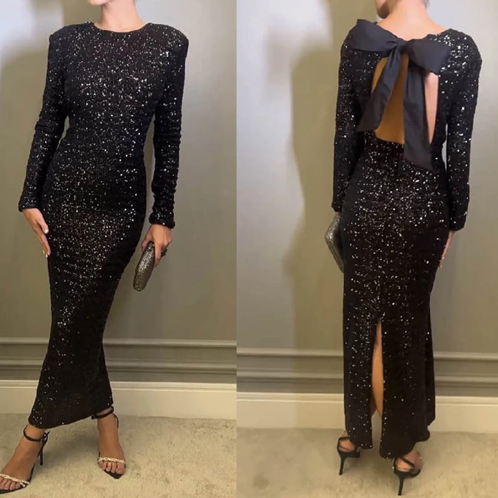Woman Sequin Backless Dress With Bow Long Sleeve Robe Elegant Female Party Night Prom Gown Mermaid Formal Evening Party Dress