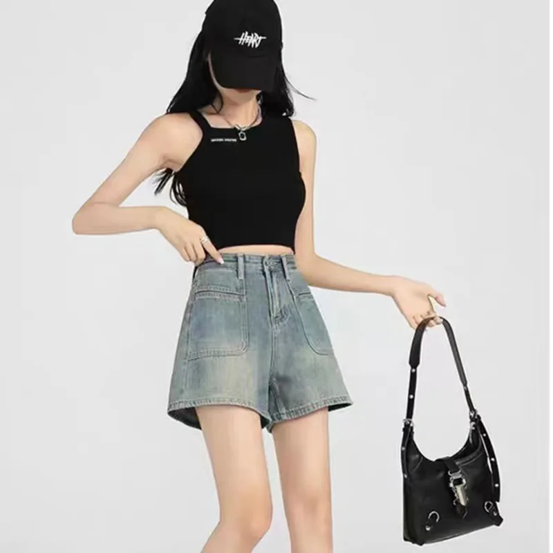 

Fashionable High Waist Shorts Women's Summer Loose Design Retro Wide Leg A-Line Hot Pants Thin Button Decoration Casual Jeans