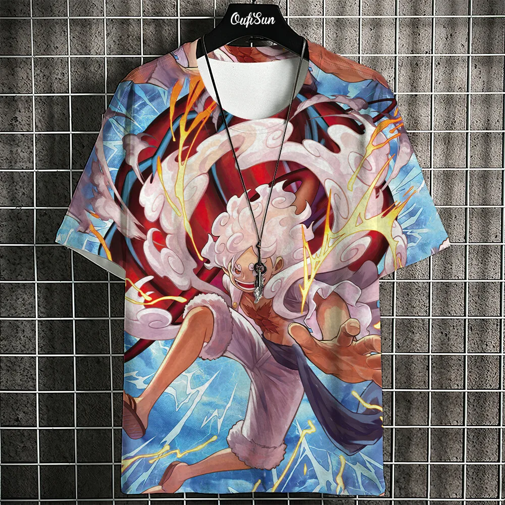 One Piece Luffy Gear 5 & Crew bedrukt T-shirt, met levendig anime-personageontwerp, perfect voor streetwear, anime-evenementen