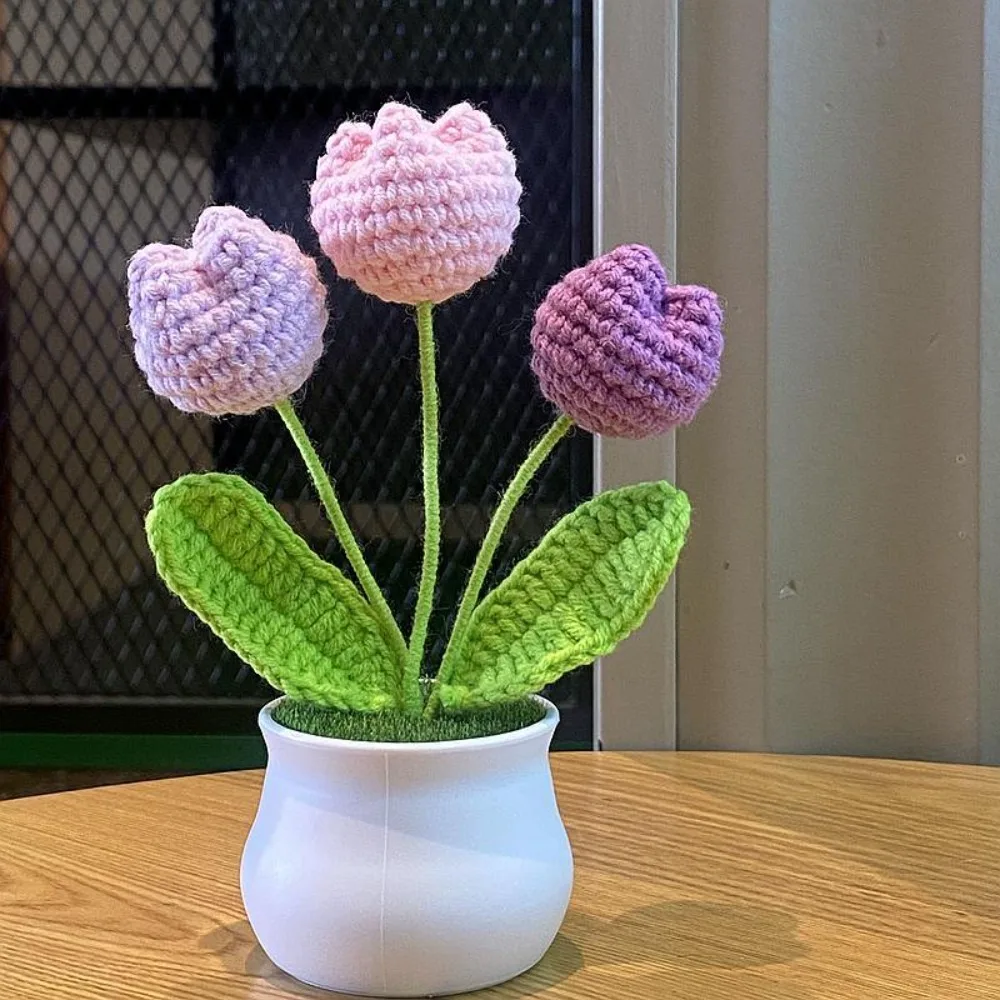

Finished Tulip Crochet Flowers Pots DIY Craft Fashion Tulip Handmade Flowers Mini Handmade Woven Flower Potted Office