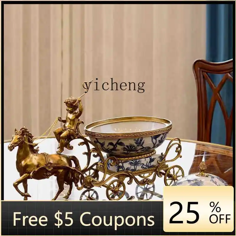 

L3-11creative ceramics with copper horse-drawn cart fruit plate ornament, living room entrance blue and white porcelain ornament
