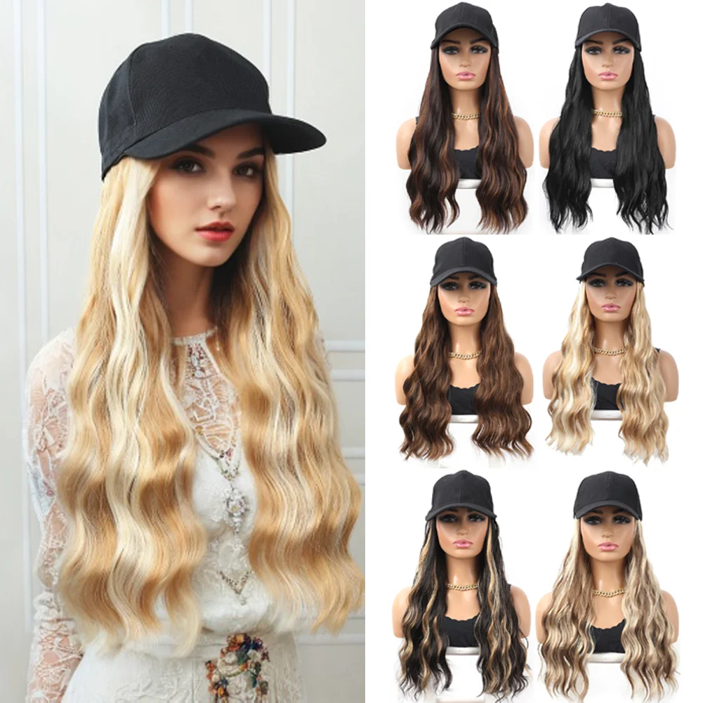 

Baseball Cap With Curly Synthetic Hair Extensions For Women Long Water Wave Adjustable Hat Wig Wavy Hairstyle For Daily Use