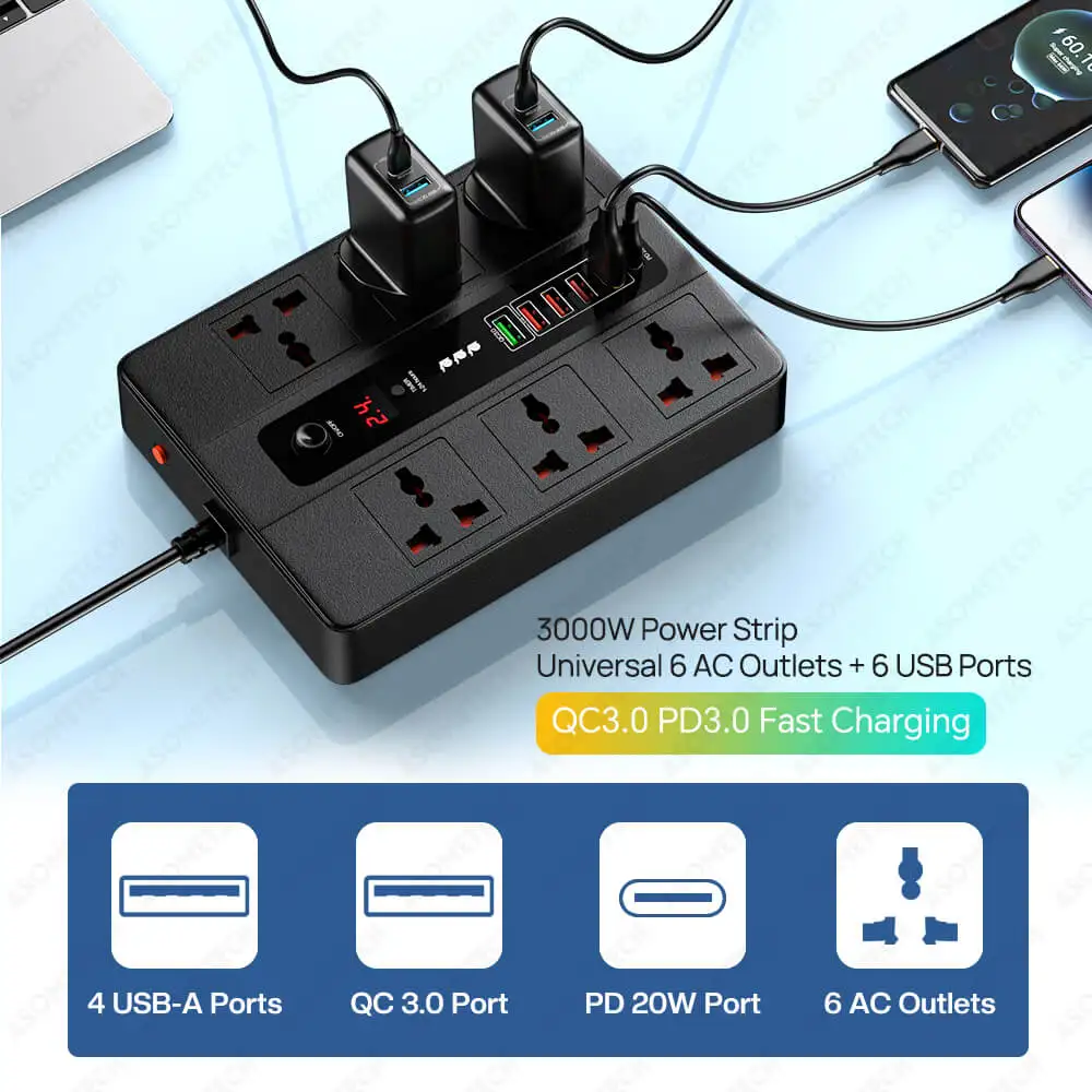 3000W Power Strip Plug Timer Socket Extender Cord Home Universal Electrical Extension Cable With USB Ports USB Charger Adapter