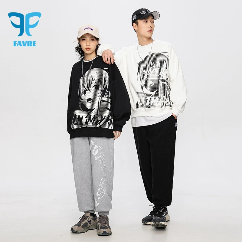 FAVRE Cartoon Print Sweatshirts Men Fashion Anime Pullovers Women Spring Autumn Y2K Casual All-match Personality Ins Couple Tops