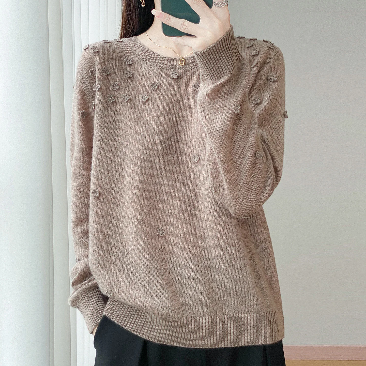 Suéter de punto de lana australiana de 100% para mujer, jersey de cuello redondo, diseño Floral de cuerpo completo, moda de otoño 2025, recién llegado