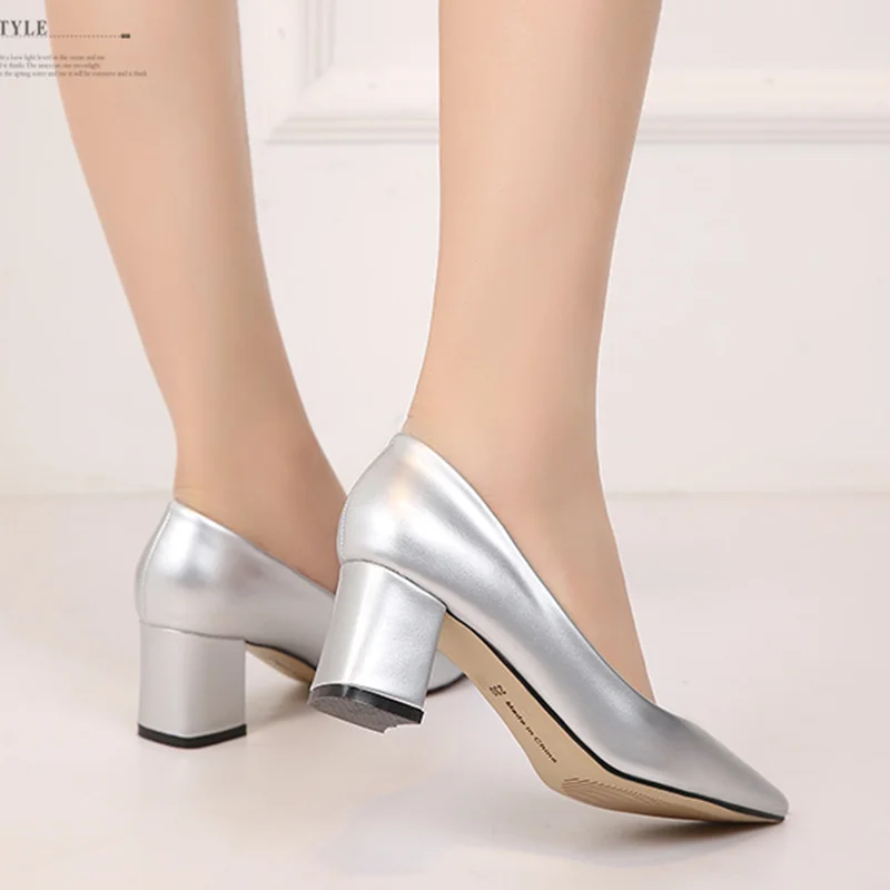 Women Med Heels Pumps Silver Blue Shiny Leather Stilettos Null Plain Shoes 6cm Wide Fits Slip-On 40-46 28cm Well Made Chaussures