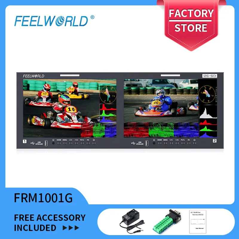 FEELWORLD FRM1001G 듀얼 10.1인치 4RU 랙마운트 모니터 12G SDI 4K HDMI 1920x1200 IPS 3D LUT 웨이브폼