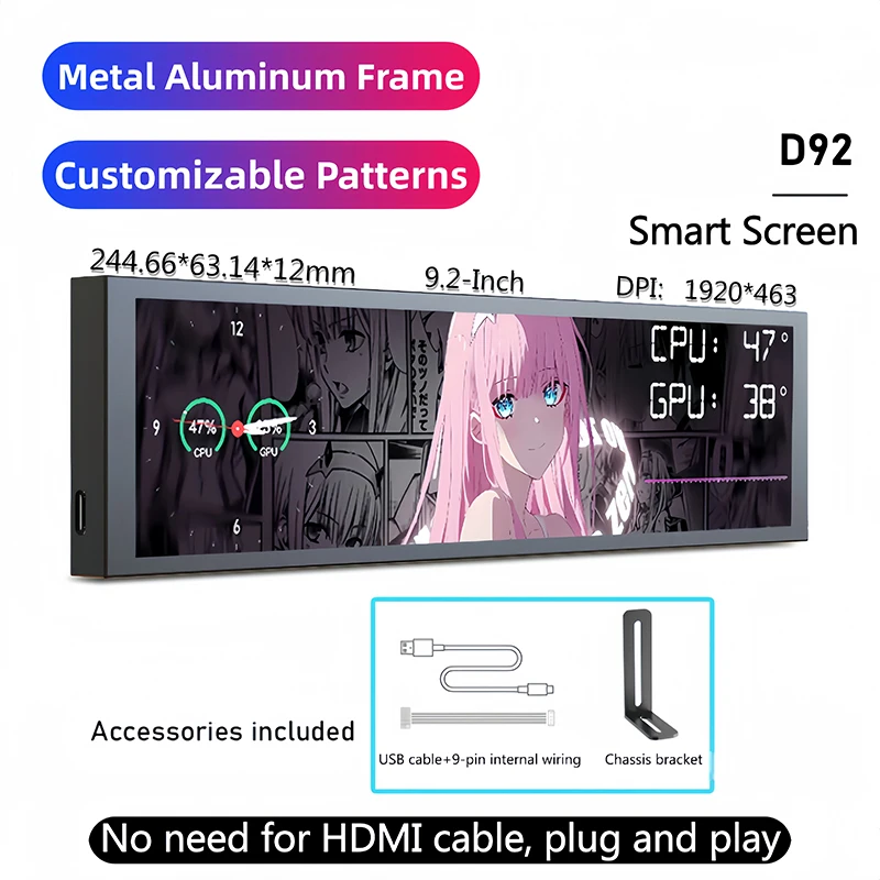 

D92 9.2-Inch Long Strip Lcd Screen 1920*462 Hd-Mi Driver Board Secondary Sub Monitor Customizable Patterns Cpu Gpu Information